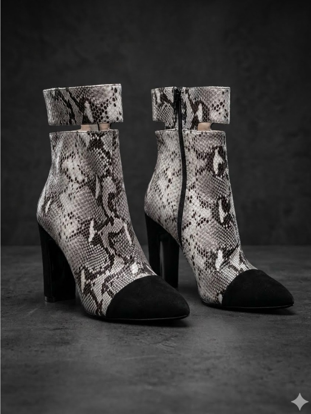 42 GOLD Kiki Snake-Print Ankle Boot with Black Suede Pointed Toe & Heel-Size 7.5